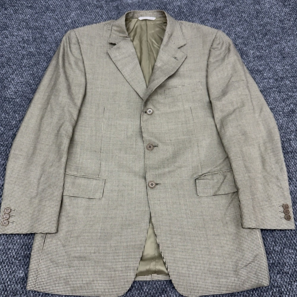Canali Men's 50R US 40R Silk Wool Blazer Jacket Beige Houndstooth Sport Coat